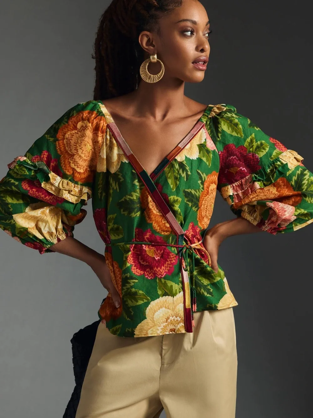 Farm Rio x Anthropologie Floral Puff-Sleeve Wrap Top- Sz XXS